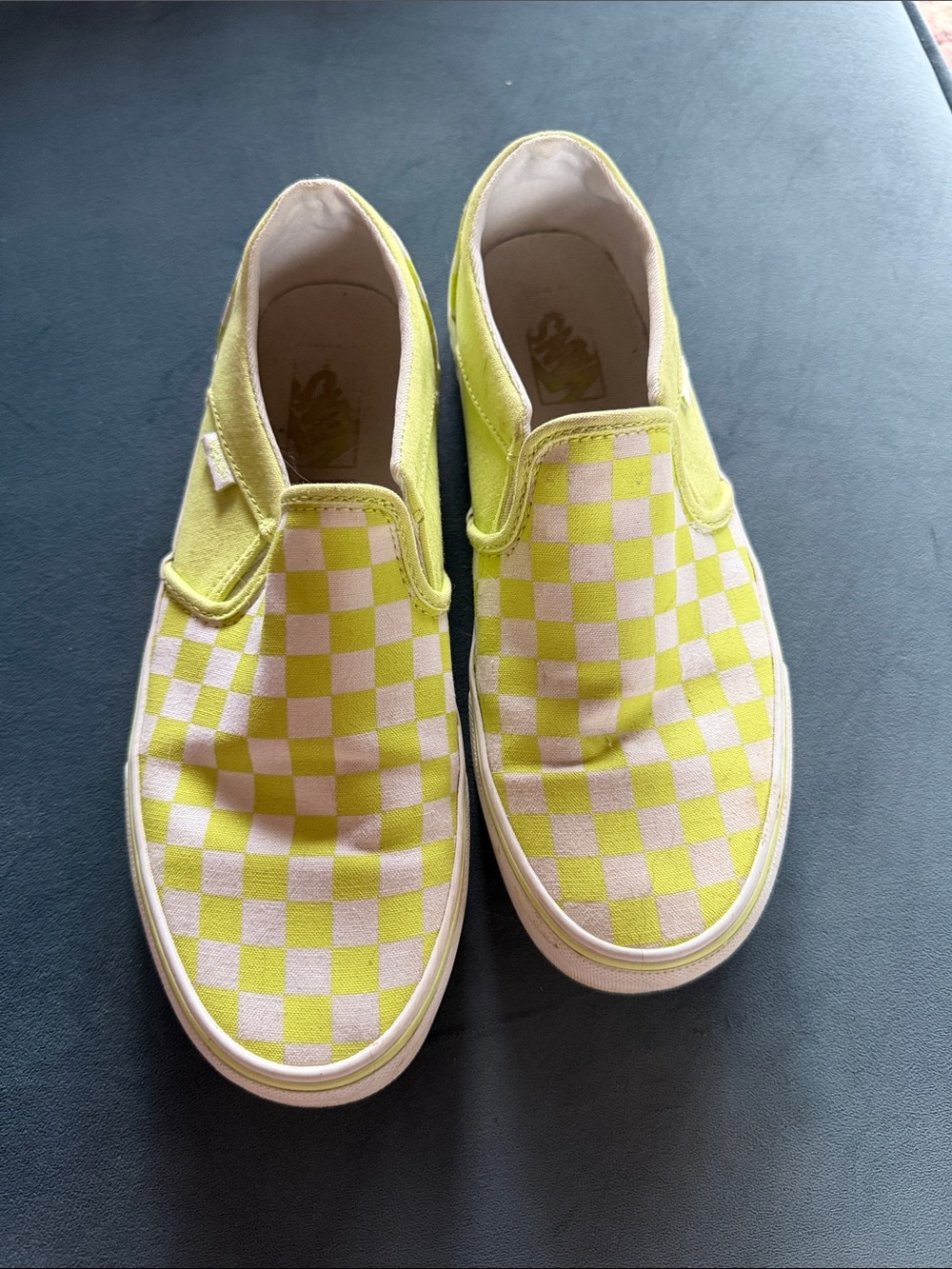 Vans Slip-On Checkerboard Sneakers in Lime Yellow and White